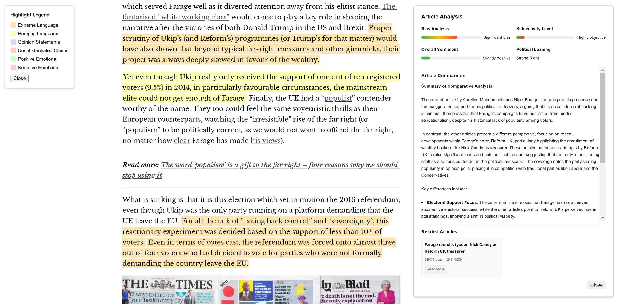 News Perspective extension showing highlighted bias in a news article alongside the analysis sidebar